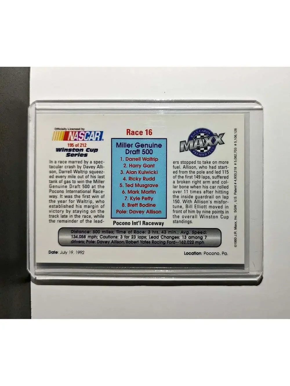 Race 16 Pocono YR 1993 Maxx Premier Plus Racing #195 NASCAR Card DARWAL Inc.
